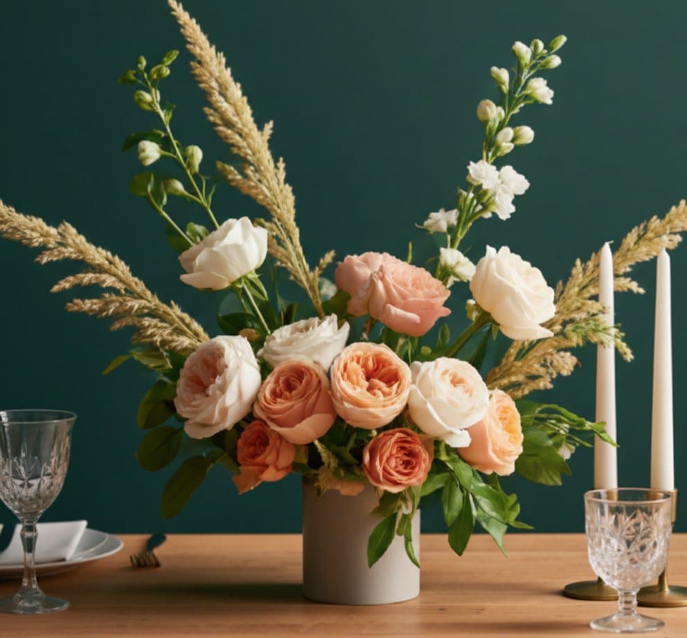 A table centrepiece of roses and candles