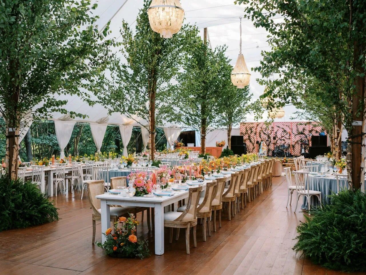A long table set with flowers under chandeliers inside a white tent with birch trees (stock photo)